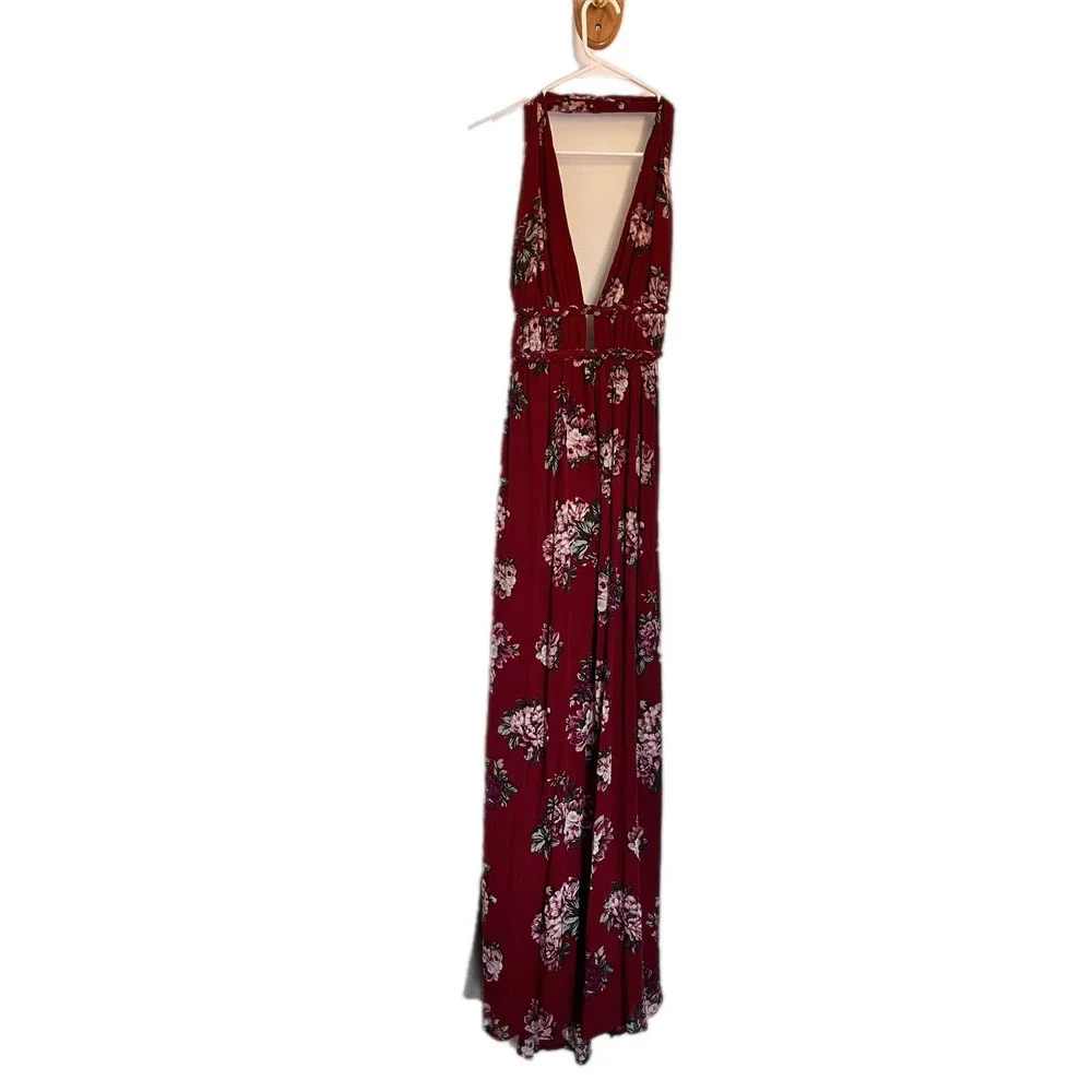 ILA ILA Floral Halter Maxi Dress Burgundy  Braided Waist Open Back Boho Summer - Picture 3 of 9